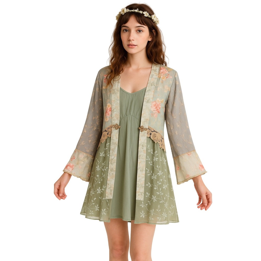 90s fairycore Frog Button Blouse Sage Floral Embroidered Lace Trim lagenlook top